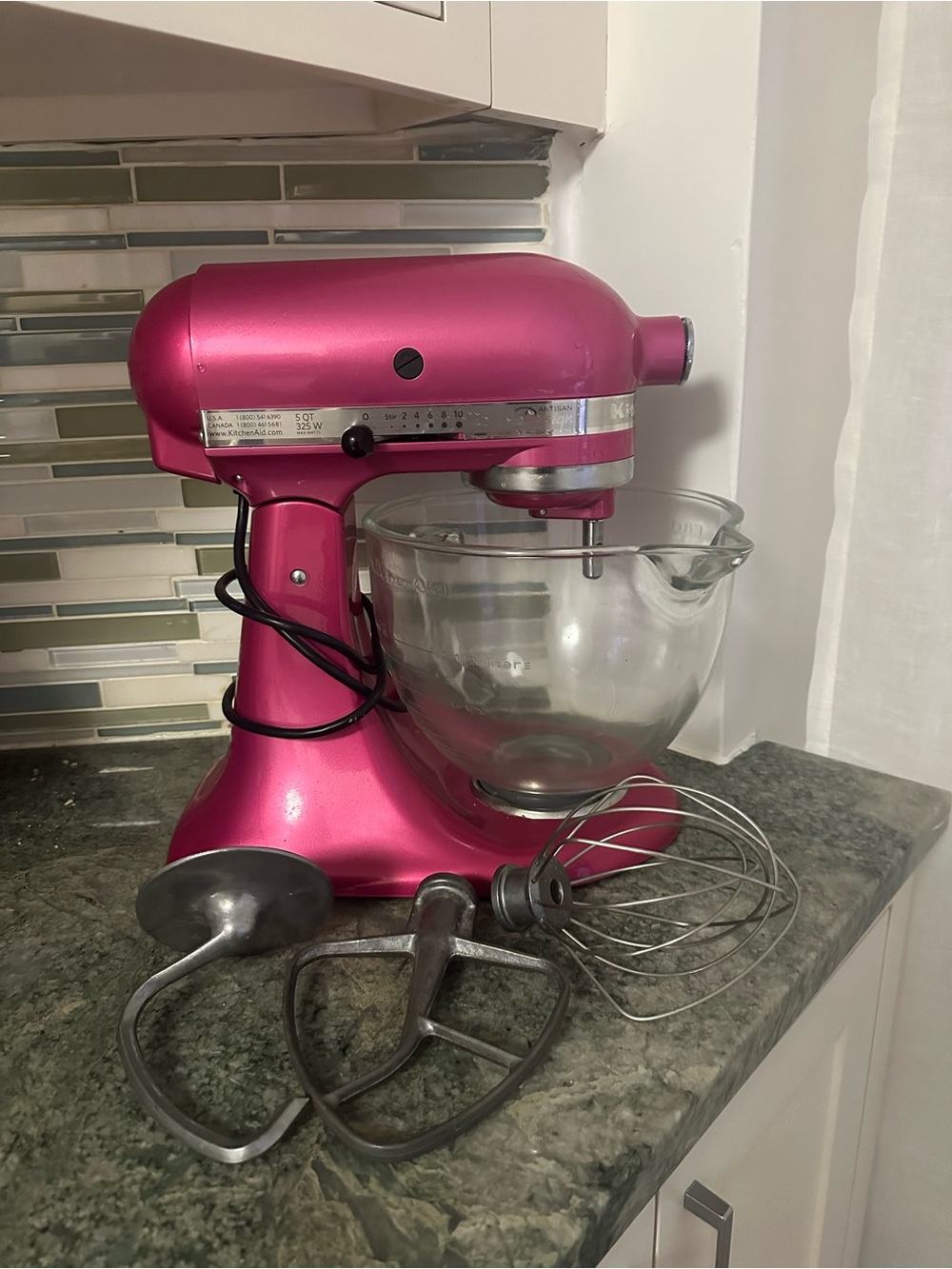 KitchenAid Hot Pink Stand Mixer with Glass Bowl and Attachments